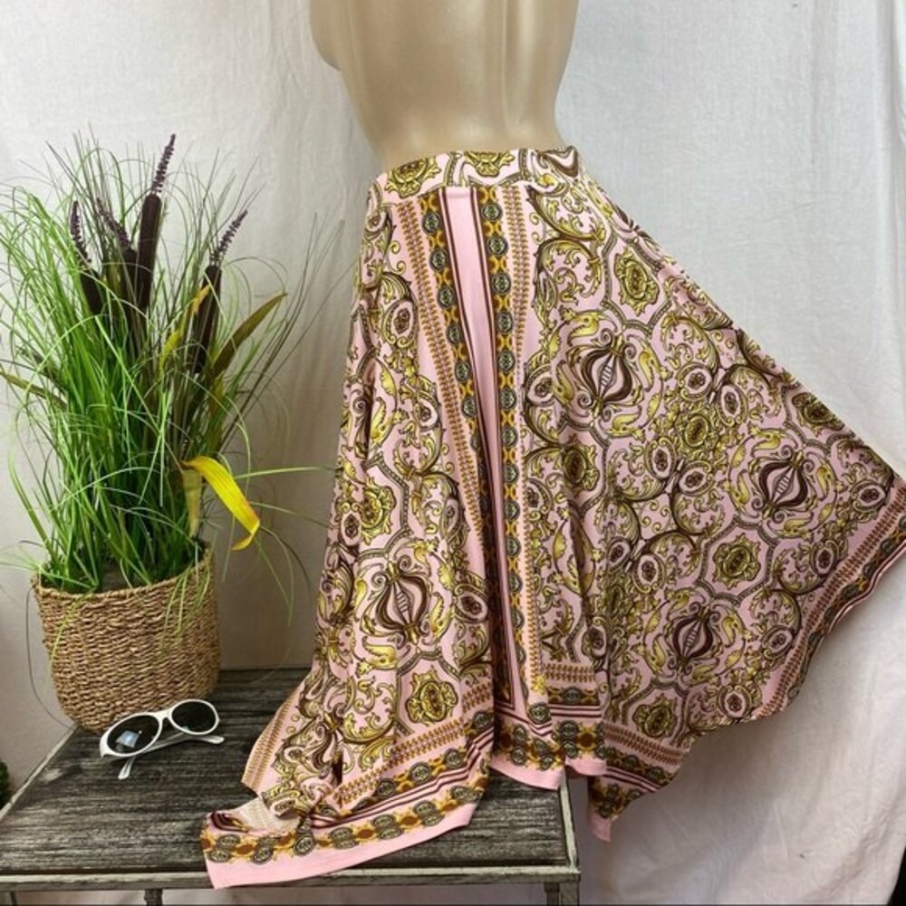 Venus Pink & Gold Print Asymmetric Hem Full A Line Skirt XS - Picture 4 of 7